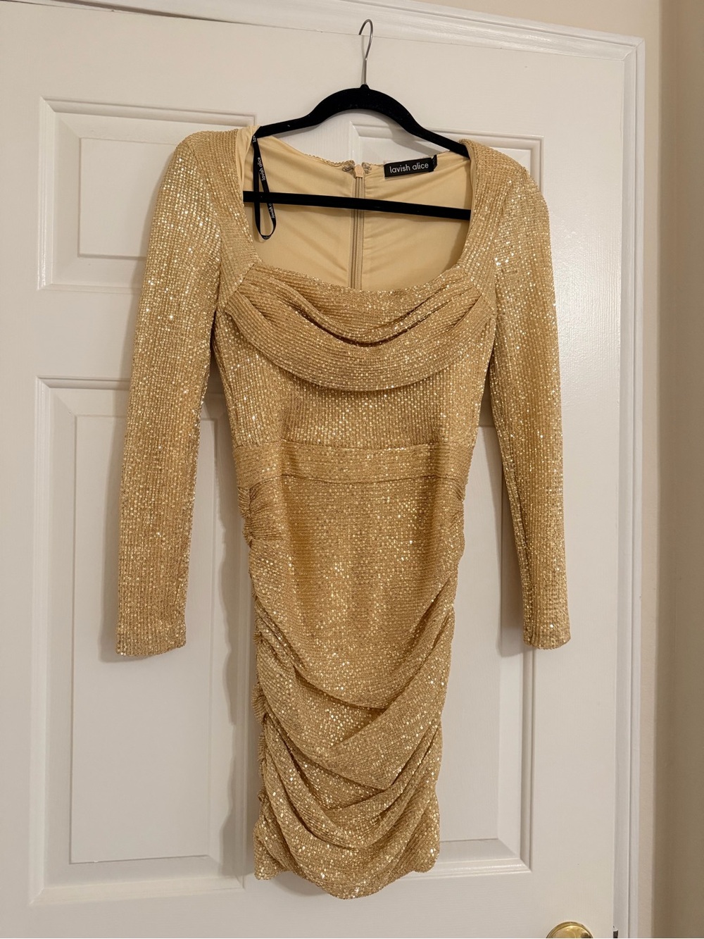 Lavish Alice Gold Sequin Long Sleeve Draped Mini Dress